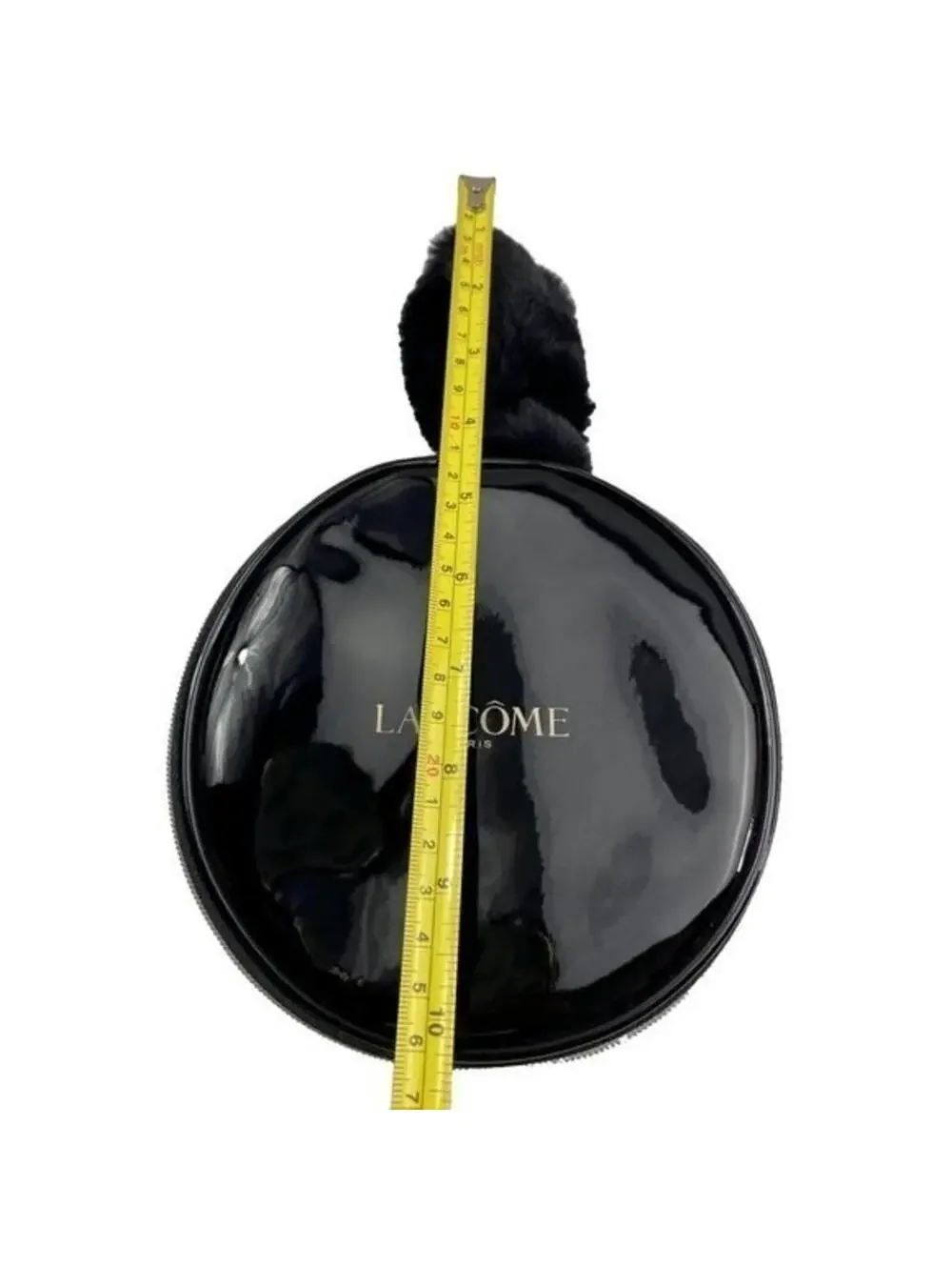 Lancome Paris Makeup Bag Black Circular Makeup Travel Carrier Case Fur Wristlet